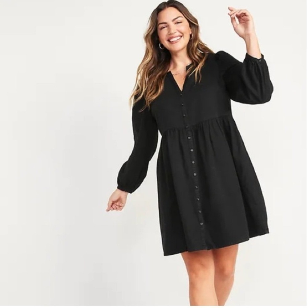 Old Navy Fit & Flare Jean Mini Dress S Black Denim Button Front Long Sleeve